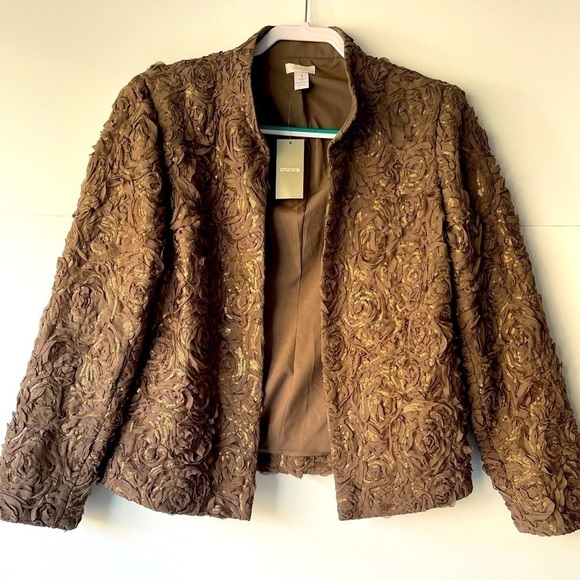 NWT ($159) Chico's Blazer Jacket Coat Taupe Rose Sequin, Sz 1 (M/8) - Picture 7 of 14